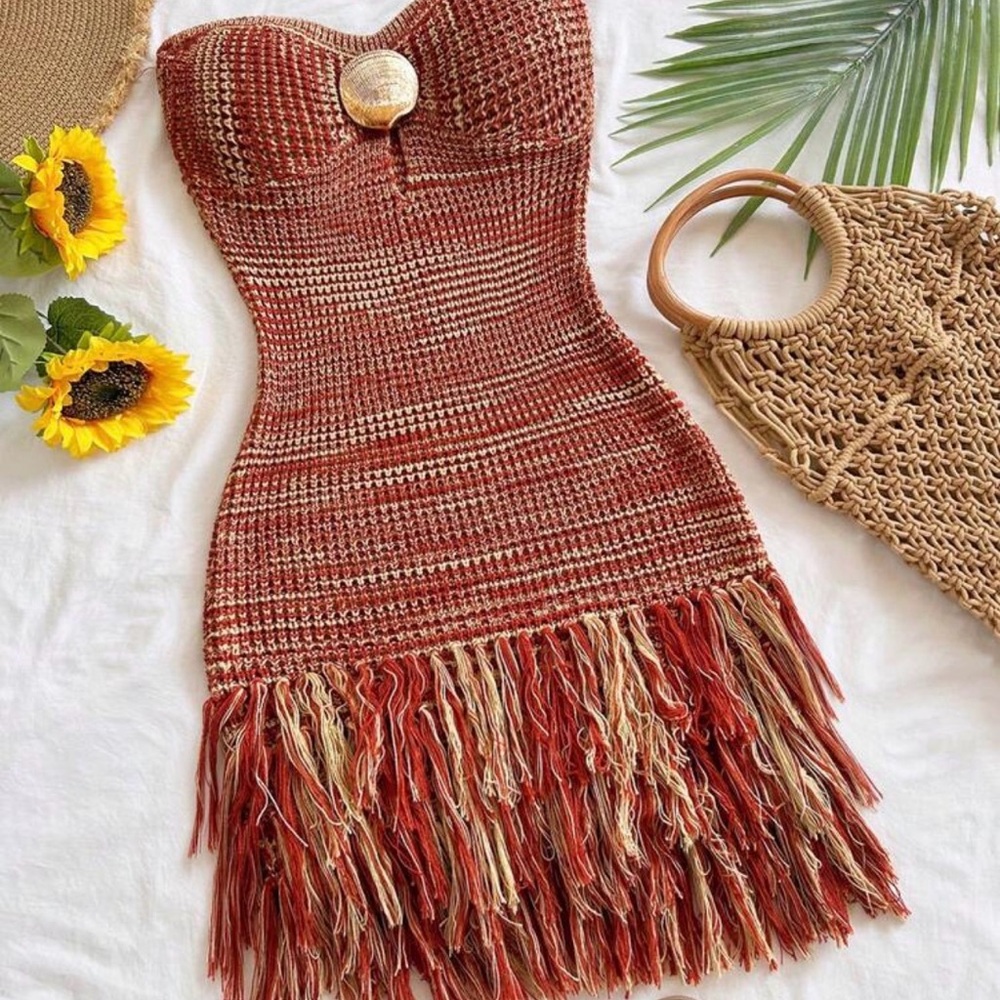 Boho Crochet Strapless Fringe Mini Dress in Rust